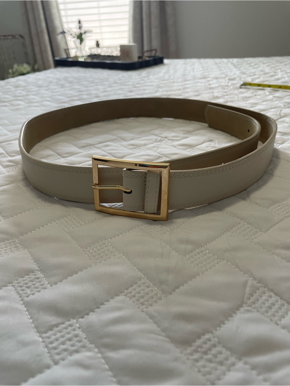 Classic Women’s Leather Belt with Gold Buckle - Cream